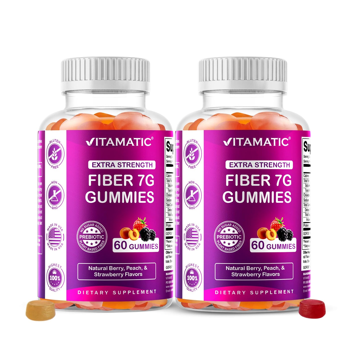 Vitamatic Prebiotic Fiber Gummies for Adults – 2 Pack (Total 120 Gummies) 7g Fiber per Serving | Extra Strength | Zero Sugar Added | Pectin-Based
