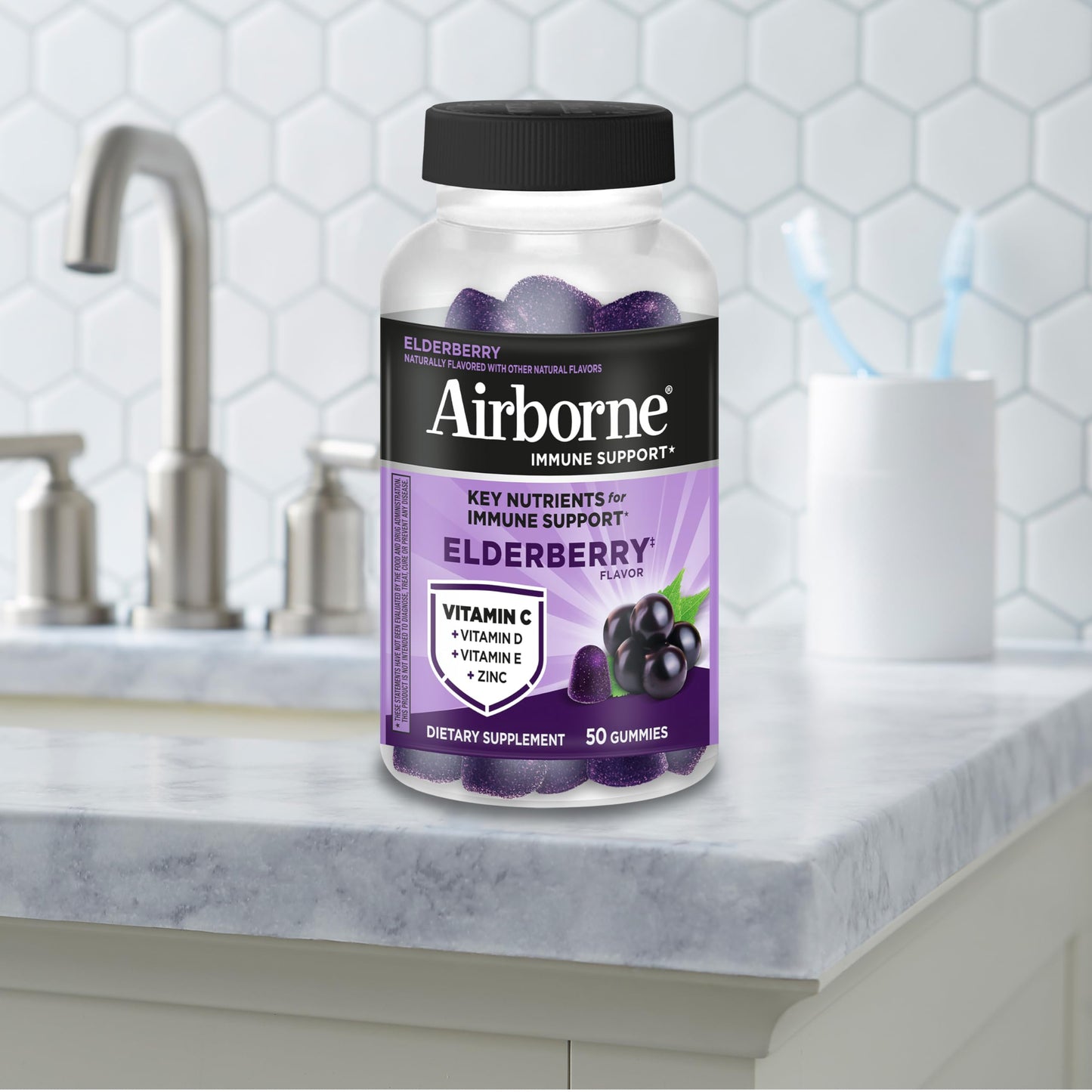 Airborne Elderberry + Zinc & Vitamin C Gummies For Adults, Immune Support Vitamin D & Zinc Gummies With Powerful Antioxidant Vitamins C D & E