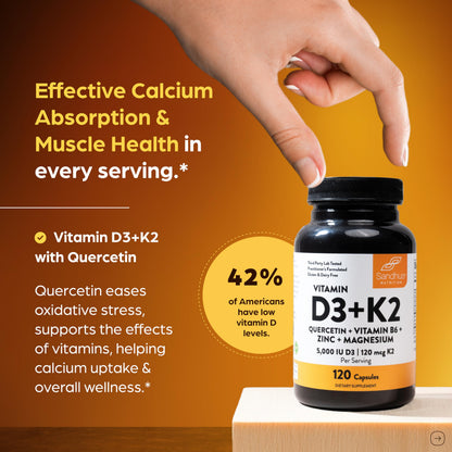 Sandhu's Vitamin D3 K2 Magnesium 5000 IU, 120mcg K2 Capsules 120 Count (Pack of 1) | with VIT B6, Zinc & Quercetin | D3K2 Supports Superior Absorption