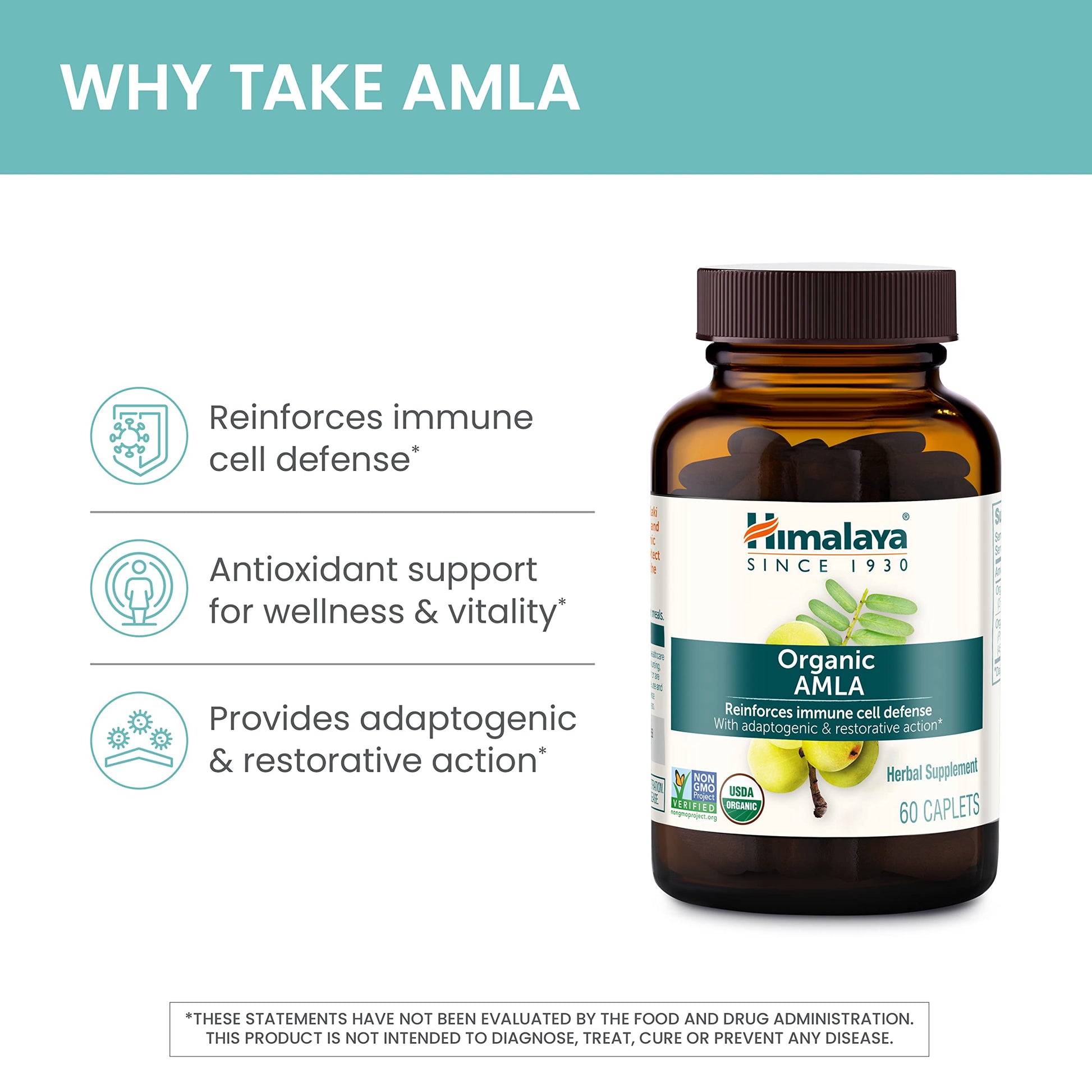 Himalaya Organic Amla - Herbal Immune Support Supplement with Adaptogen and Antioxidant - USDA Organic, Vegan, Non-GMO, Gluten Free, 600 mg, 60 Caplets HimalayaBuy Supplements Australia