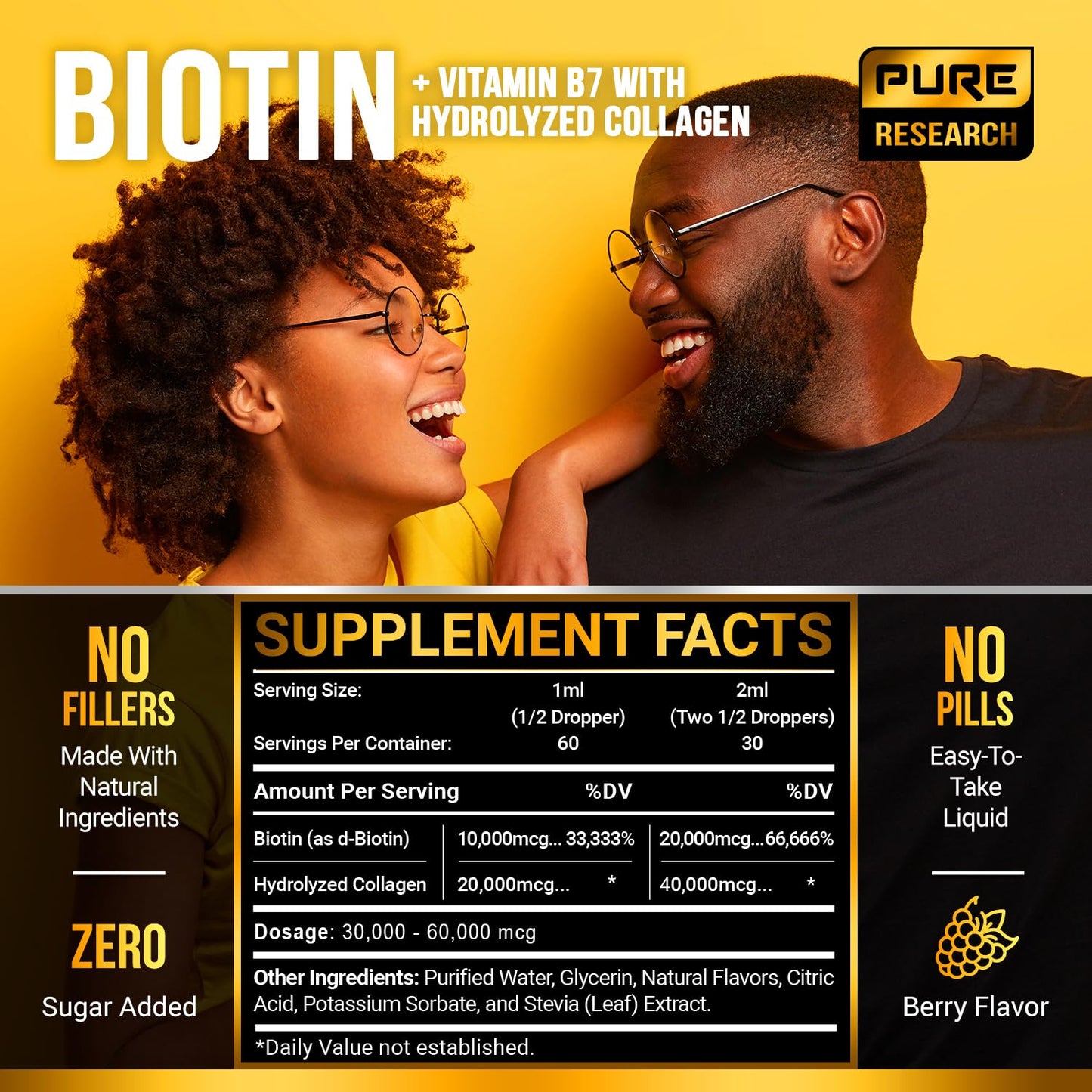 PURE RESEARCH Liquid Biotin & Collagen Hair Growth Drops 60,000mcg – Biotin and Liquid Collagen Supplements for Women & Men – Supports Glowing Skin