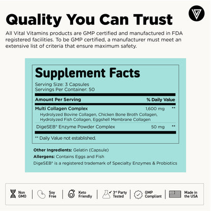 Vital Vitamins Multi Collagen for Women & Men - Type I, II, III, V, X - Grass Fed, Non-GMO - 150 Capsules Vital Vitamins buy supplements Au