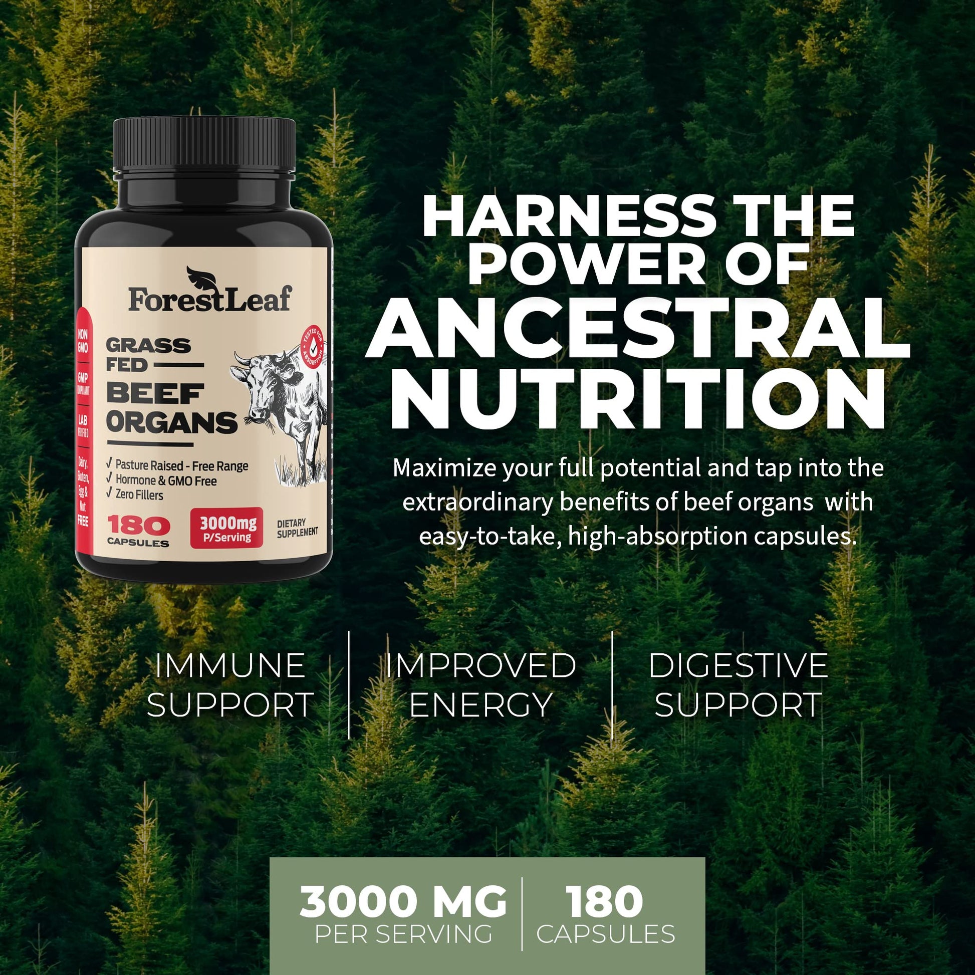 ForestLeaf Beef Organ Supplement - Grass Fed & Pasture Raised - Total Body Wellness & Performance, Organ Complex with 3000mg of Desiccated Beef Liver, Heart, Kidney, Pancreas, Spleen (180 Capsules) ForestLeafBuy Supplements Australia