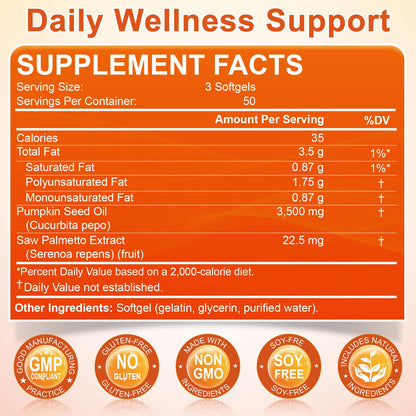 Pumpkin Seed Oil with Saw Palmetto, 3500mg Max Strength per Serving, 150 Softgels, Cold-Pressed with Essential Fatty Acids & Phytosterols, Supports Immune