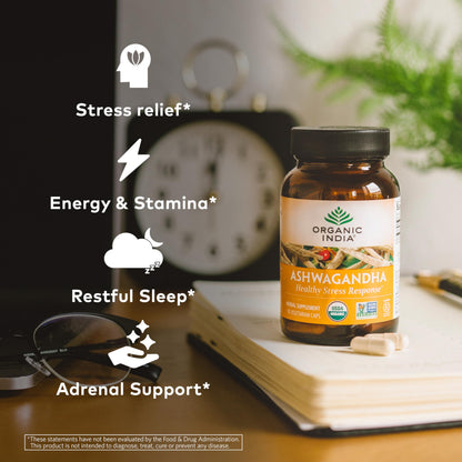 ORGANIC INDIA Ashwagandha Capsules - Organic Ashwagandha Supplement - Vegan Ashwagandha Root, Gluten-Free, Kosher, Non-GMO, Supports Stress Relief,