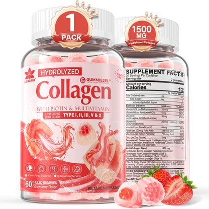 Collagen Peptide Gummies for Women & Men Sugar-Free, Multi Collagen Hydrolyzed w/ 1500mg Protein Type I,II,III,V,X, 5000mcg Biotin, Methylated B12, Vitamin C A E D3 B6