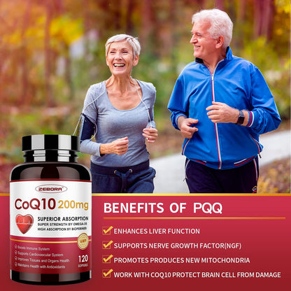 ZEBORA CoQ10-200mg-Softgels with PQQ, BioPerine & Omega-3, 120 Servings Coenzyme Q10(Ubiquinone) Supplement for High-Absorption, Powerful-Antioxidant
