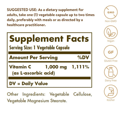 Solgar Vitamin C 1000 mg, 250 Vegetable Capsules - Antioxidant & Immune Support - Overall Health - Healthy Skin & Joints - Bioflavonoids Supplement