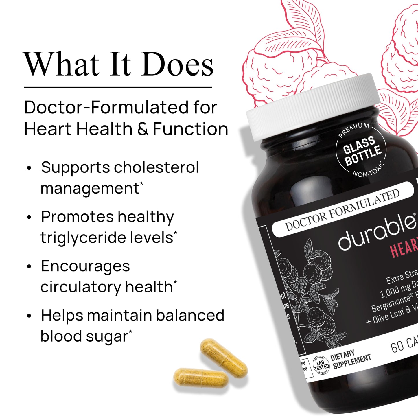 Durable Heart Bergamonte Citrus Bergamot 1000mg + Olive Leaf and Vitamin C Healthy-Cardiovascular Formula for Rate and Pressure, Healthy Cholesterol Pills