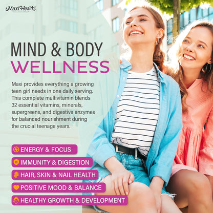 Teen Vitamins for Girls 12-17 - Teen Multivitamin Supreme with D3, Iron, Calcium, Biotin, Digestive Enzymes – Teenager Girl Multi Vitamins for Energy,