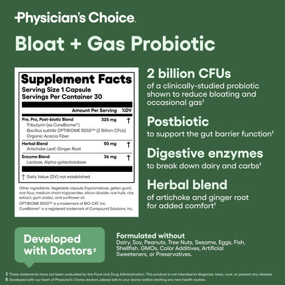 Physician's CHOICE Bloat & Gas Probiotic 5-in-1 Proactive Support + Daily Relief - Digestion & Gut Health- Herbals, Digestive Enzymes, Post & Prebiotics