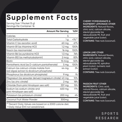 Sports Research® Hydrate Electrolytes Powder Packets - Sugar-Free & Naturally Flavored with Vitamins, Minerals, and Coconut Water - Supports Hydration - 16 Packets - Variety Pack Sports Research buy supplements Au