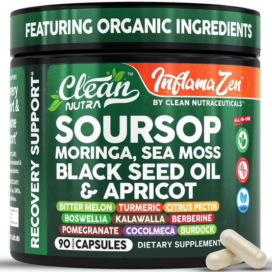 Clean Nutra Soursop Supplement Moringa Sea Moss Black Seed Oil Berberine Turmeric Resveratrol Quercetin Greens Bitters Boswellia Bitter