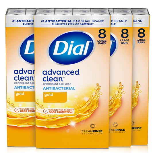 Dial Antibacterial Deodorant Bar Soap, Advanced Clean Gold, 4 Oz, 32 Bars, Round the Clock Odor Protection