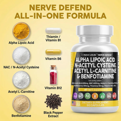 Alpha Lipoic Acid 600mg N-Acetyl Cysteine 600mg Acetyl L-Carnitine 500mg Benfotiamine 300mg - Nerve Support Supplement for Women and Men with Vitamin B1 B6 & B12 - Made in USA 90 Caps Clean NutraceuticalsBuy Supplements Australia