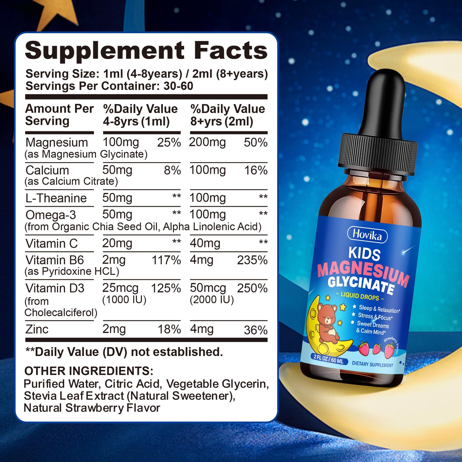 Magnesium Glycinate Liquid for Kids - with L-Theanine Omega-3, Vitamin B6, D3, Zinc - Kids Magnesium Drops for Sleep, Relaxation, Calm & Focus - 2 Fl Oz, Strawberry Flavor HovikaBuy Supplements Australia