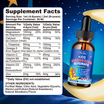 Magnesium Glycinate Liquid for Kids - with L-Theanine Omega-3, Vitamin B6, D3, Zinc - Kids Magnesium Drops for Sleep, Relaxation, Calm & Focus - 2 Fl Oz, Strawberry Flavor HovikaBuy Supplements Australia