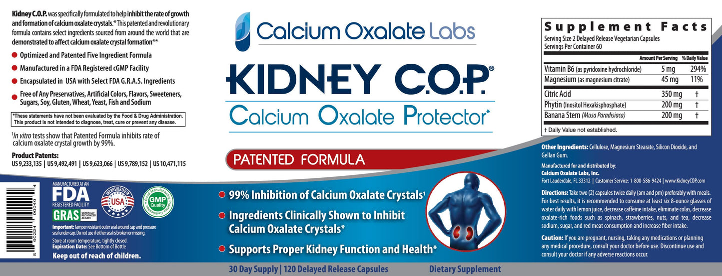 KIDNEY C.O.P. Calcium Oxalate Protector 120 Capsules, Patented Kidney Support for Calcium Oxalate Crystals, Stop Recurrence