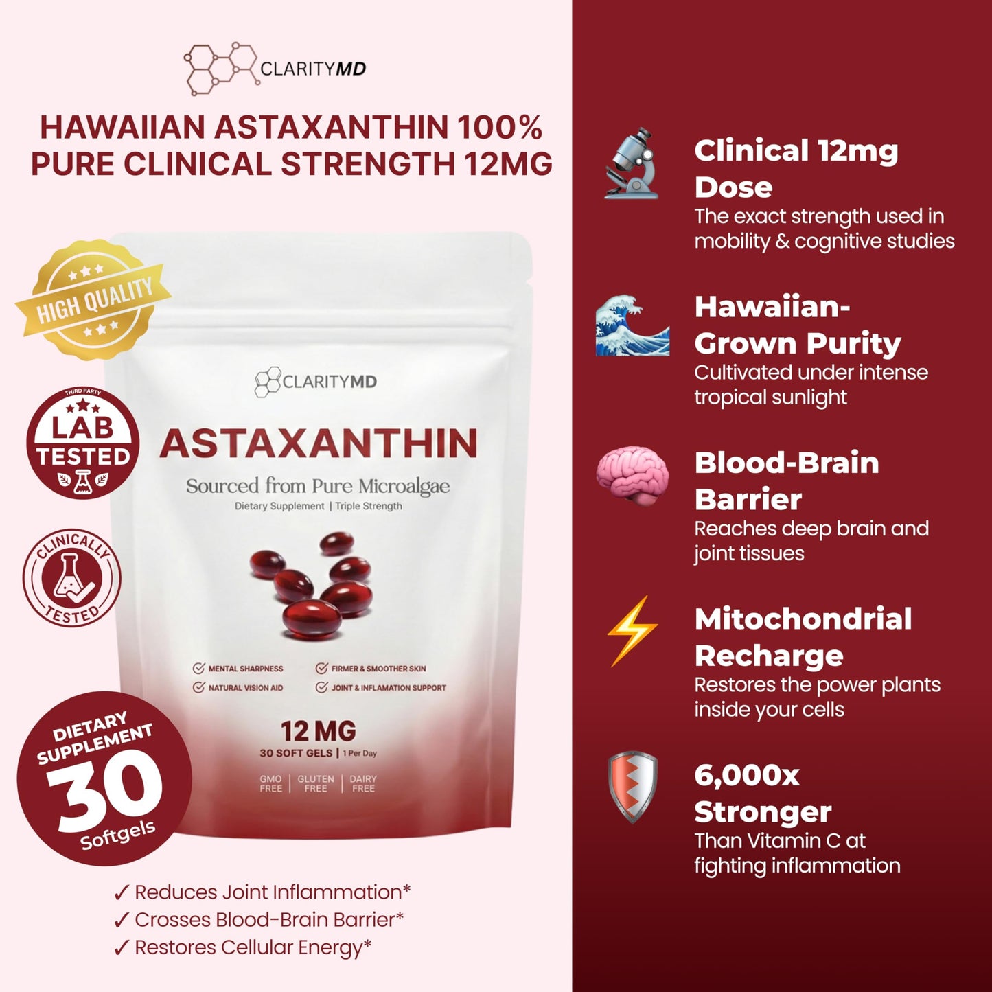 ClarityMD Astaxanthin 12mg Antioxidants Supplement – Natural Microalgae Source – Lipid-Based Softgel for Enhanced Absorption – Cognitive