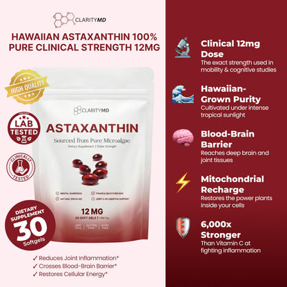 ClarityMD Astaxanthin 12mg Antioxidants Supplement – Natural Microalgae Source – Lipid-Based Softgel for Enhanced Absorption – Cognitive
