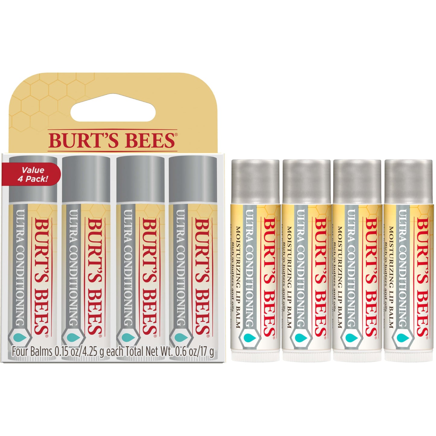 Burt's Bees Lip Balm, Moisturizing Lip Care, 100% Natural Origin, Ultra Conditioning with Shea, Cocoa & Kokum Butter (4 Pack)
