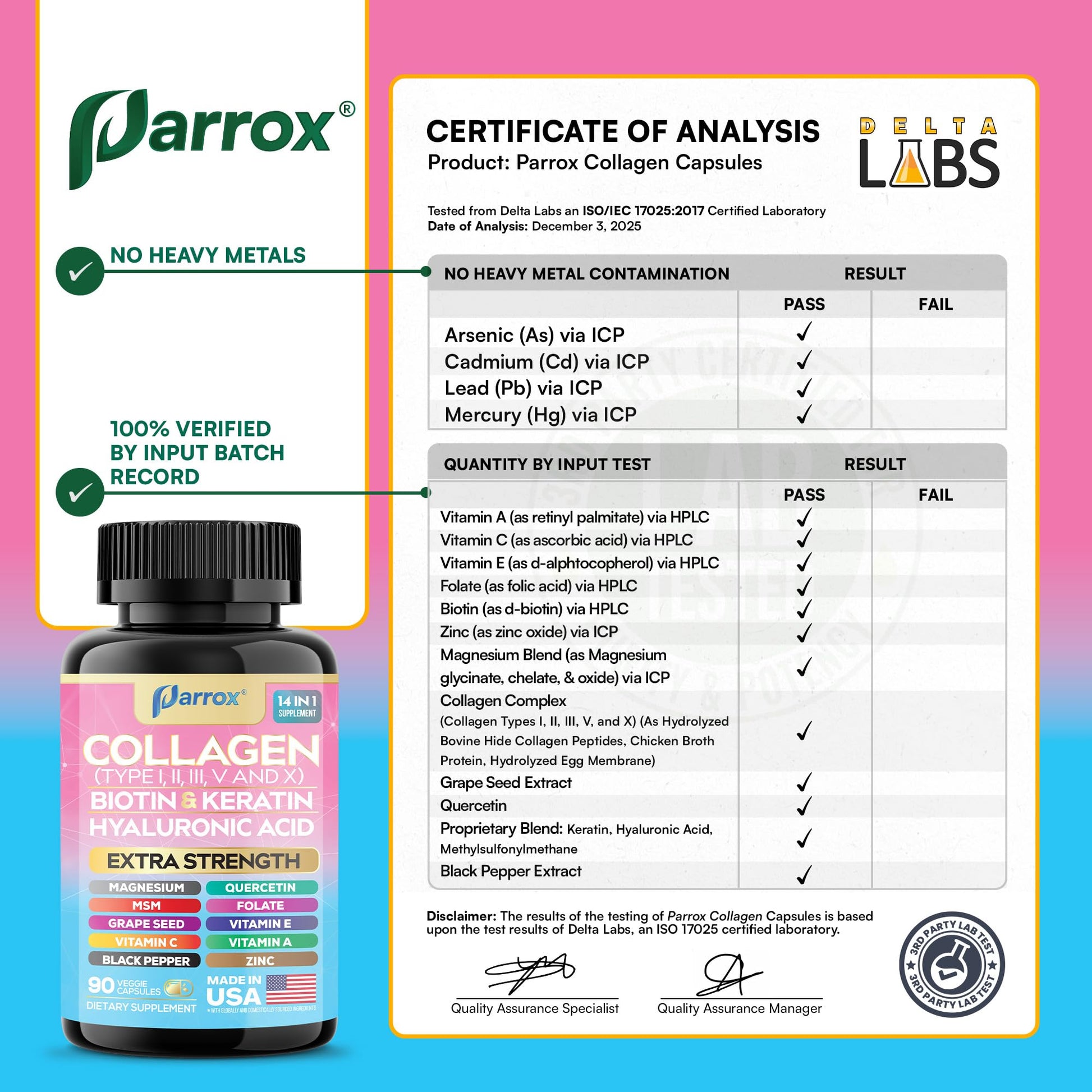 Parrox Collagen Peptides Types I, II, III, V & X, MCG Biotin, Keratin, Hyaluronic Acid, MSM, Zinc, Grape Seed Extract, Quercetin, Vitamin A, Vitamin C, Vitamin E, Magnesium, Folic Acid (90 Capsules) ParroxBuy Supplements Australia