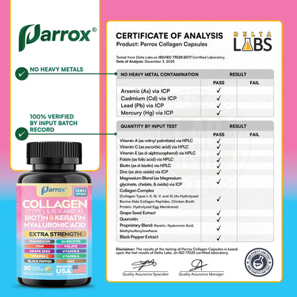 Parrox Collagen Peptides Types I, II, III, V & X, MCG Biotin, Keratin, Hyaluronic Acid, MSM, Zinc, Grape Seed Extract, Quercetin, Vitamin A, Vitamin C, Vitamin E, Magnesium, Folic Acid (90 Capsules) ParroxBuy Supplements Australia