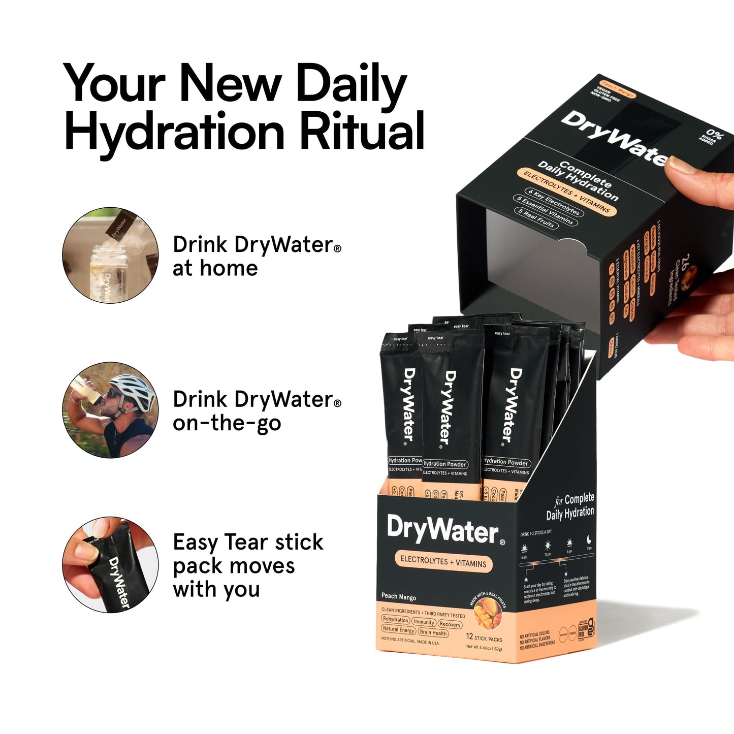 DryWater Electrolyte Powder Packets, Peach Mango - Hydration Packets Drink Mix with Zero Added Sugar for Rehydration & Energy - 6 Key Electrolytes