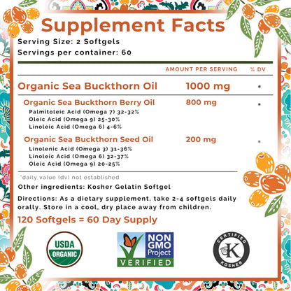 SeabuckWonders Organic Sea Buckthorn Oil Omega-7 Complete,120 Softgels, 60 Day Supply, with Omega 3, 6 & 9, Supports Hair