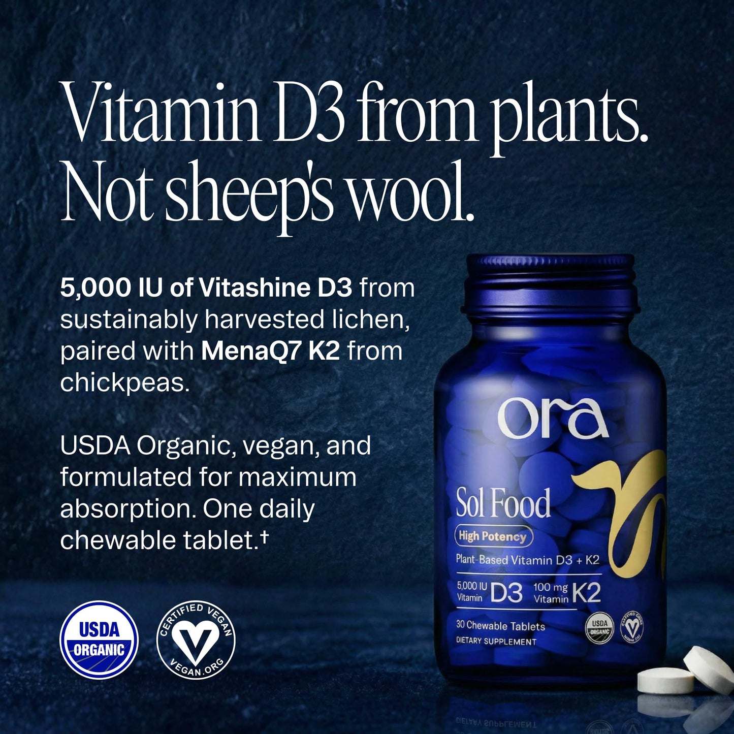 Ora Organic Vitamin D3 5000IU + K2 - Vegan Vitamin D from Lichen and K2 from Chickpeas for Bone Health, Immune Support, & Mood, Maximum Absorption - 1 Month Supply, 30 Chewable Tablets