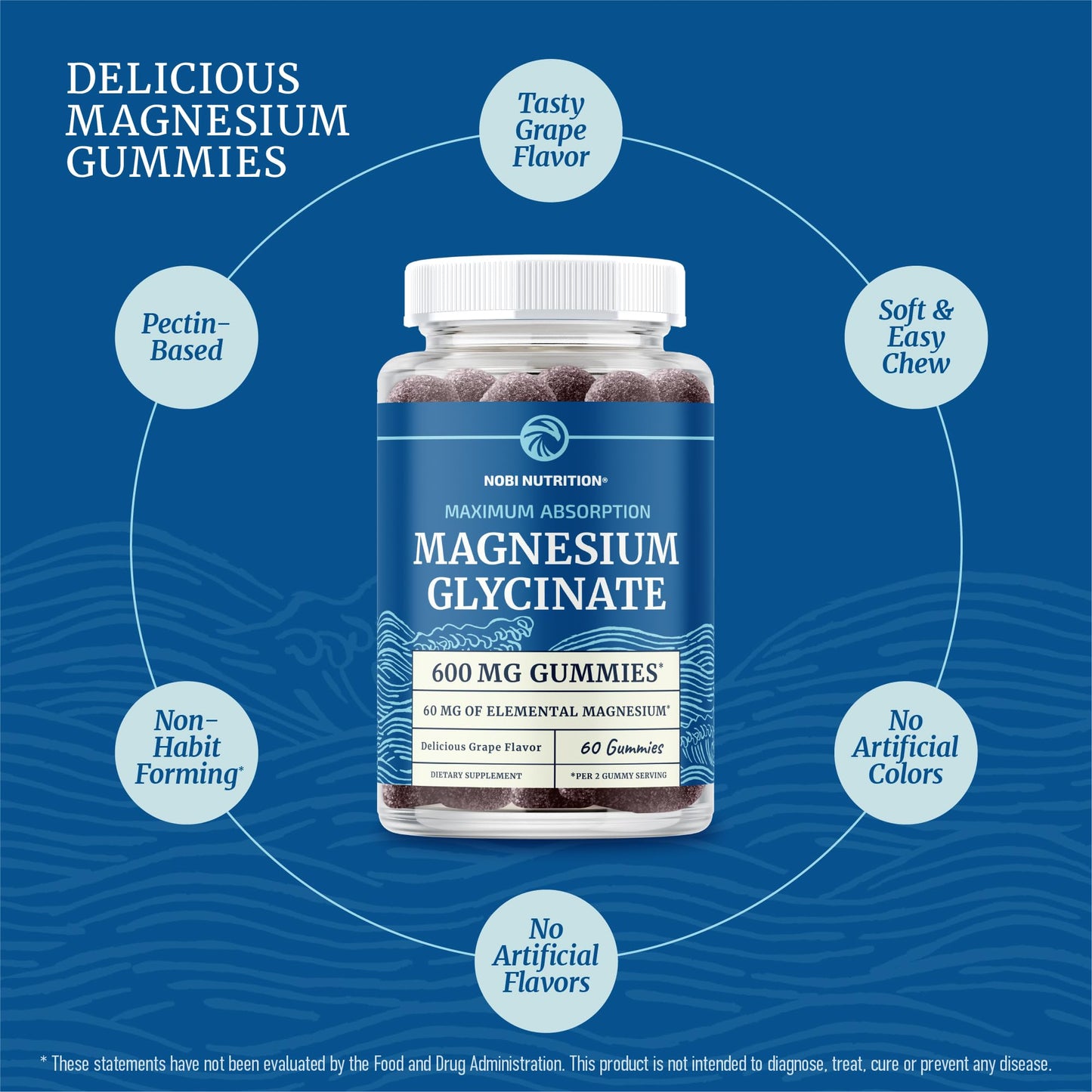 Magnesium Glycinate Gummies 600MG | Sleep, Calm & Relaxation Support | 60MG Elemental Mag Per Serving | Grape Flavor, Gluten-Free | High Absorption Magnesium Gummies for Women, Men & Family | 60 Ct