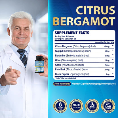 Cadane 2 Packs Citrus Bergamot Extract Capsules with Berberine, Olive, Guggul, Garlic, Pine Bark, Black Pepper | 4 Months Supply