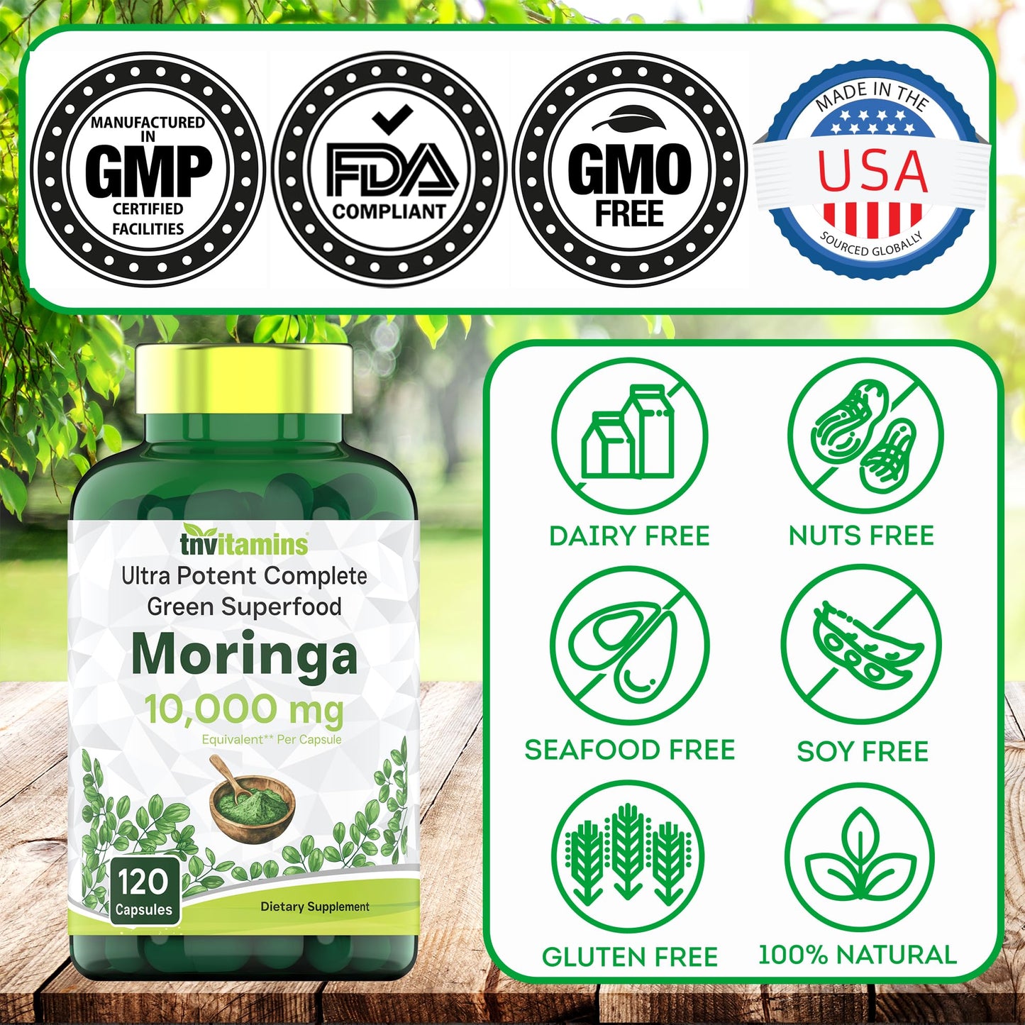 tnvitamins Moringa Capsules 10,000 mg - 120 Capsules | High Potency Moringa Leaf Extract Superfood Supplement for Energy