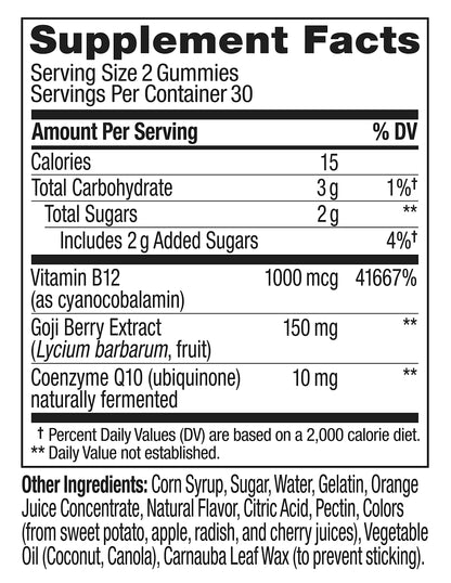 OLLY Extra Strength Daily Energy Gummy, Caffeine Free, 1000mcg Vitamin B12, CoQ10, Goji Berry, Adult Chewable Supplement