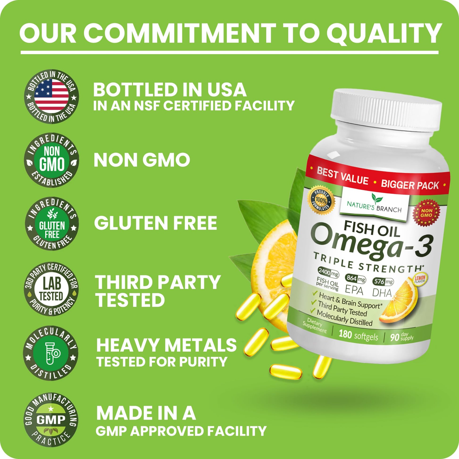 Triple Strength Omega 3 Fish Oil Supplements 2400mg | 180 Capsules, Burpless High Potency Lemon Flavor, High EPA DHA for Men & Women Ultra Pure Softgels | Joint Support, Eyes, Heart Brain Health Pills NATURE'S BRANCHBuy Supplements Australia
