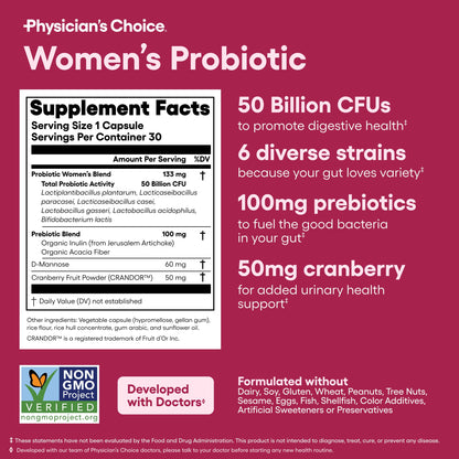 Physician's CHOICE Probiotics for Women - PH Balance, Digestive, UT, & Feminine Health - 50 Billion CFU - 6 Unique Strains for Her - Organic Prebiotics