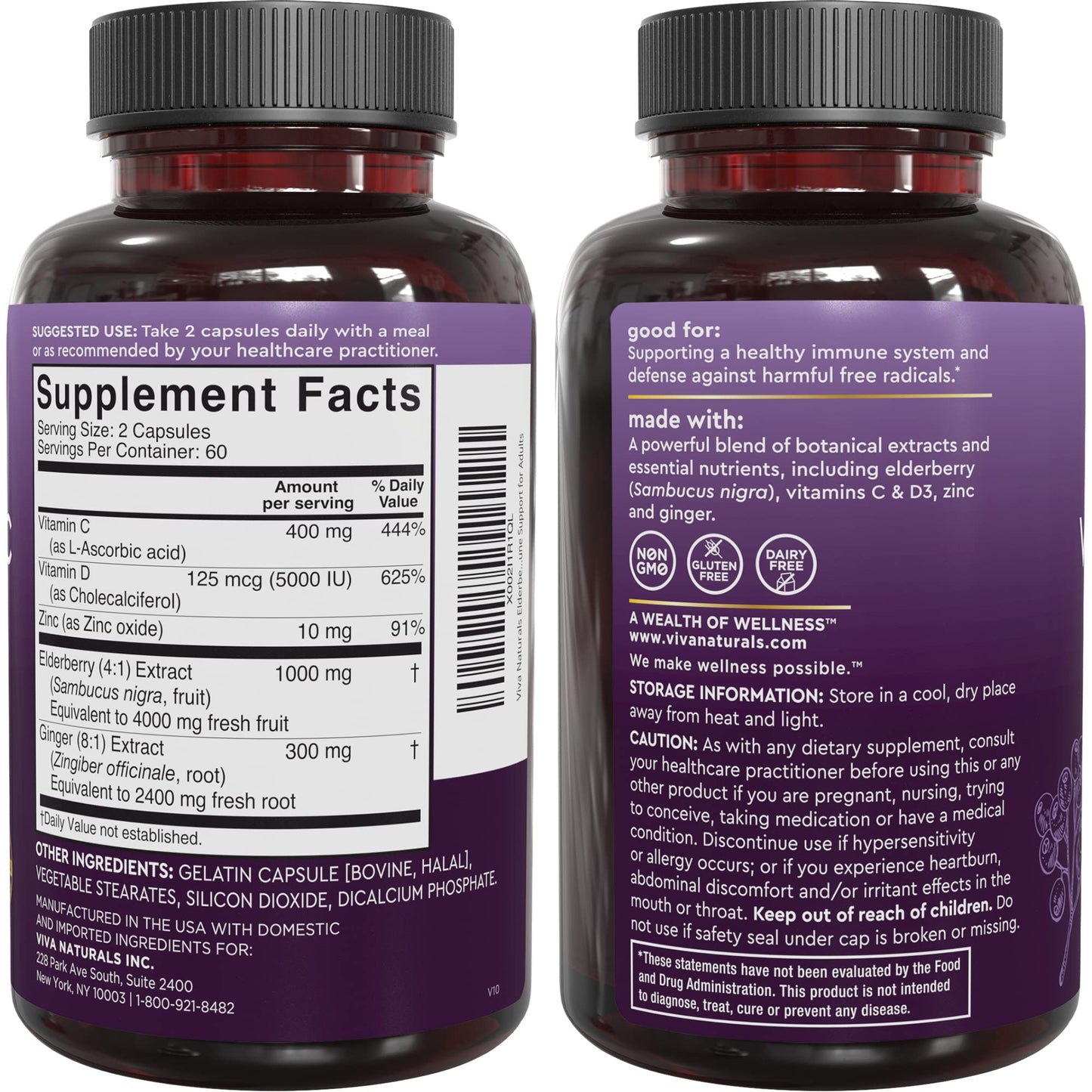 Viva Naturals Elderberry with Vitamin C and Zinc for Adults - 5 in 1 Sambucus Black Elderberry Capsules with Vitamin D3 5000 IU Immunity Supplement