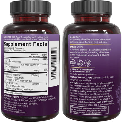 Viva Naturals Elderberry with Vitamin C and Zinc for Adults - 5 in 1 Sambucus Black Elderberry Capsules with Vitamin D3 5000 IU Immunity Supplement