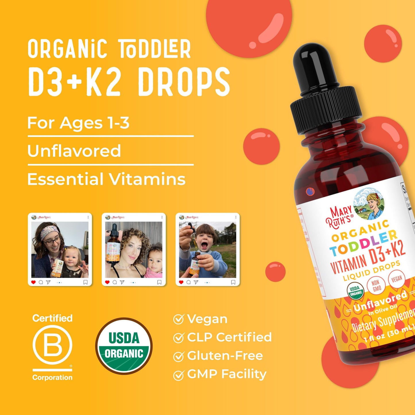 MARYRUTH'S Organics Vitamin D3 | Vitamin K2 | Vitamin D3 K2 Drops | K2 D3 Vitamin Liquid Supplement for Toddlers | Kids Supplement for Calcium Absorption