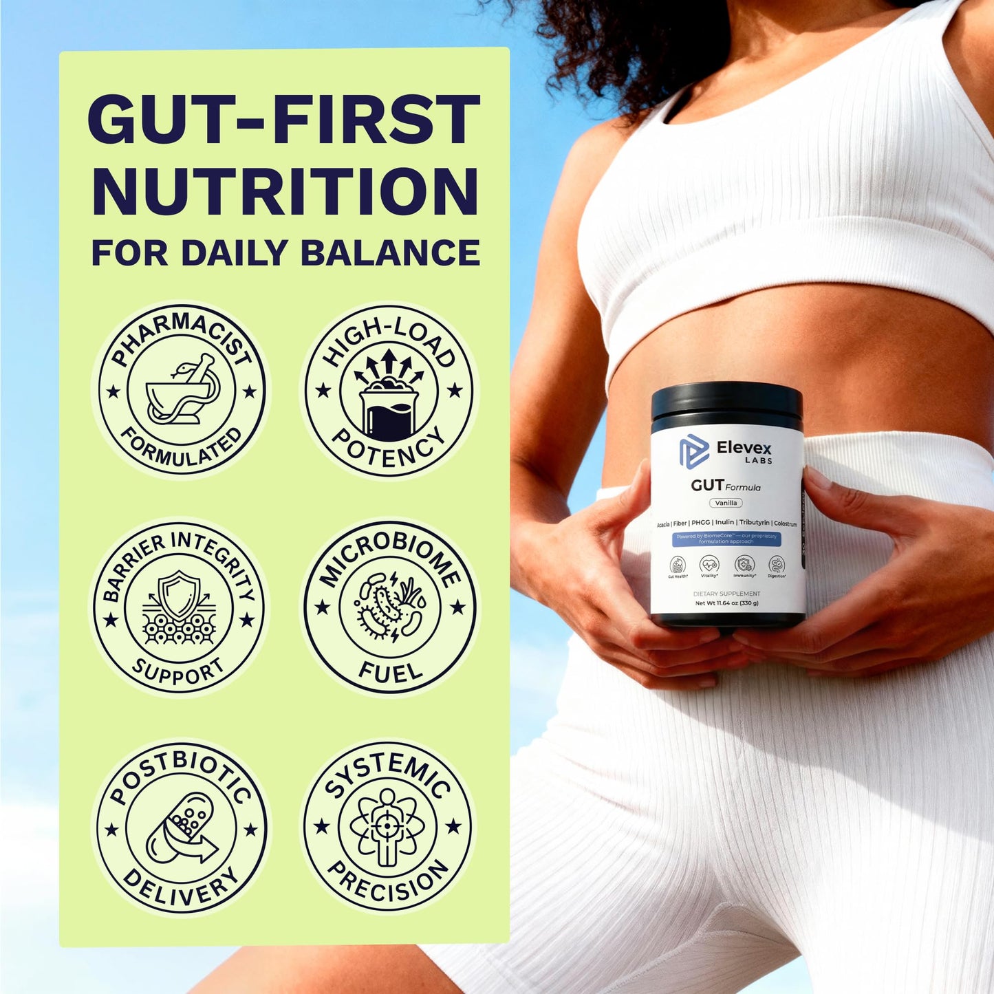Elevex Labs Gut Health Supplement Powder – Digestive Health Formula with Colostrum, Tributyrin & PHGG Prebiotics for Gut Health, Gut Lining, Gut-Brain & Bloating Relief for Women & Men – 30 Servings Elevex LabsBuy Supplements Australia
