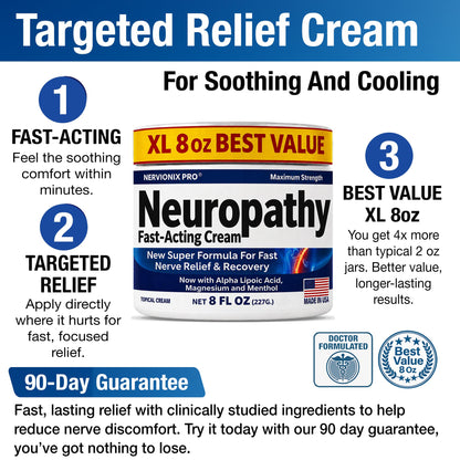 Neuropathy Nerve Relief Cream – Extra Large 8 oz – Maximum Strength for Feet Hands Legs Toes Back – Natural Ingredients Arnica Aloe Vera MSM Vitamins