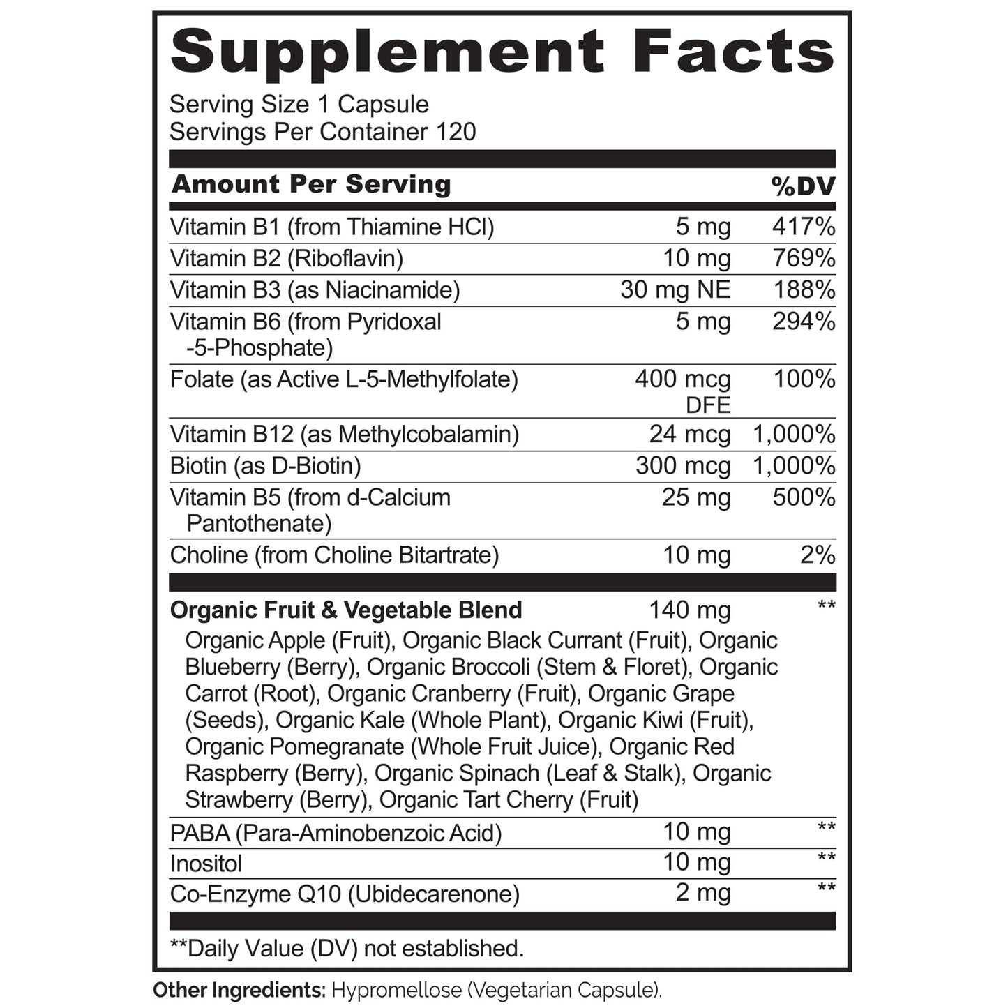 NATURELO Vitamin B Complex,120 Capsules, Vegan, CoQ10, Methyl Folate, Biotin, Fruit & Veg Blend, Supports Energy and Healthy Stress Response
