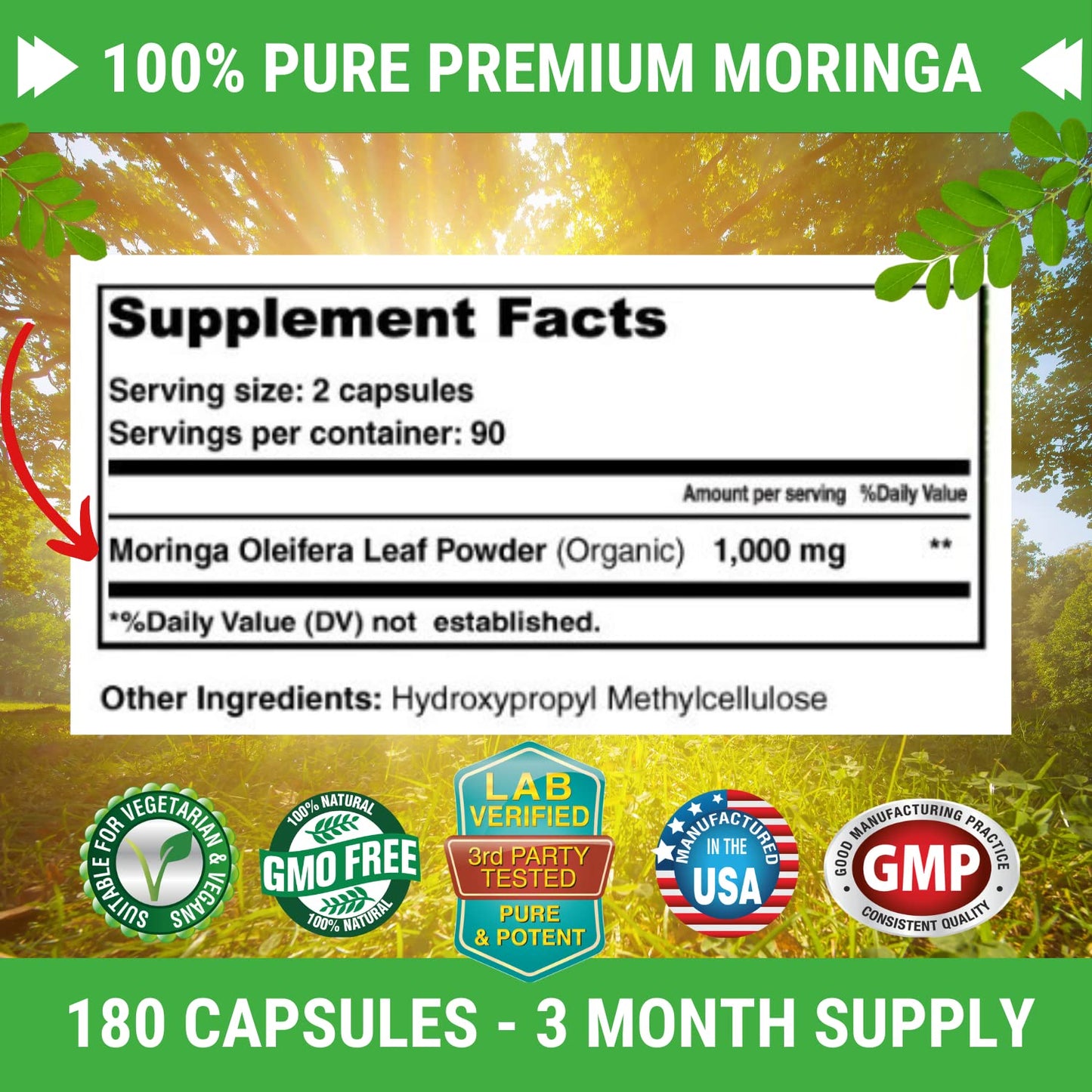 FRESH HEALTHCARE Moringa Capsules – 100% Pure Leaf Powder - 180 Pills, Non-GMO - 3 Month Supply - Complete Green Superfood for Energy