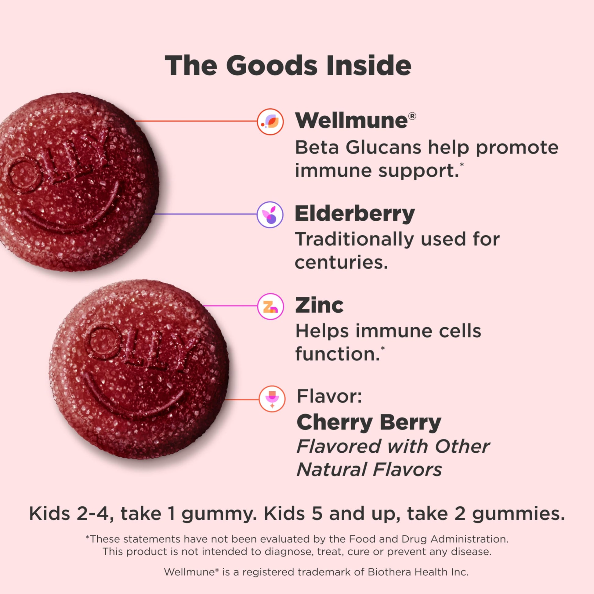 OLLY Kids Immunity Gummy, Immune Support, Wellmune, Elderberry, Vitamin C, Zinc, Chewable Supplement, Cherry - 50 Count OLLYBuy Supplements Australia
