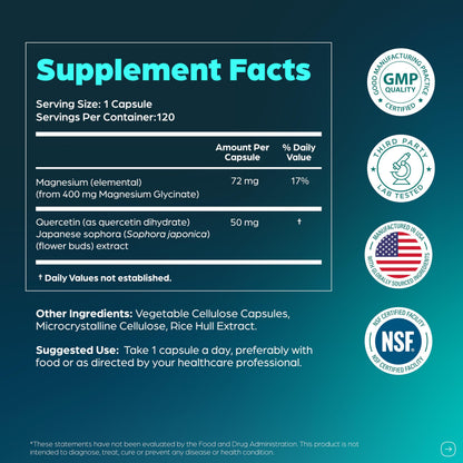 Magnesium Glycinate 400mg High Absorption Capsules with Quercetin | Quality Sleep, Relaxation & Muscle Health Supplement for Women and Men | Chelated Magnesium 120 Count