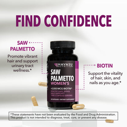 Saw Palmetto for Women with Biotin 5000mcg - Powerful DHT Blocker to Support Hair, Skin, and Nail Health - 60 Count - Vegan, Non-GMO Vitamin for Stronger,