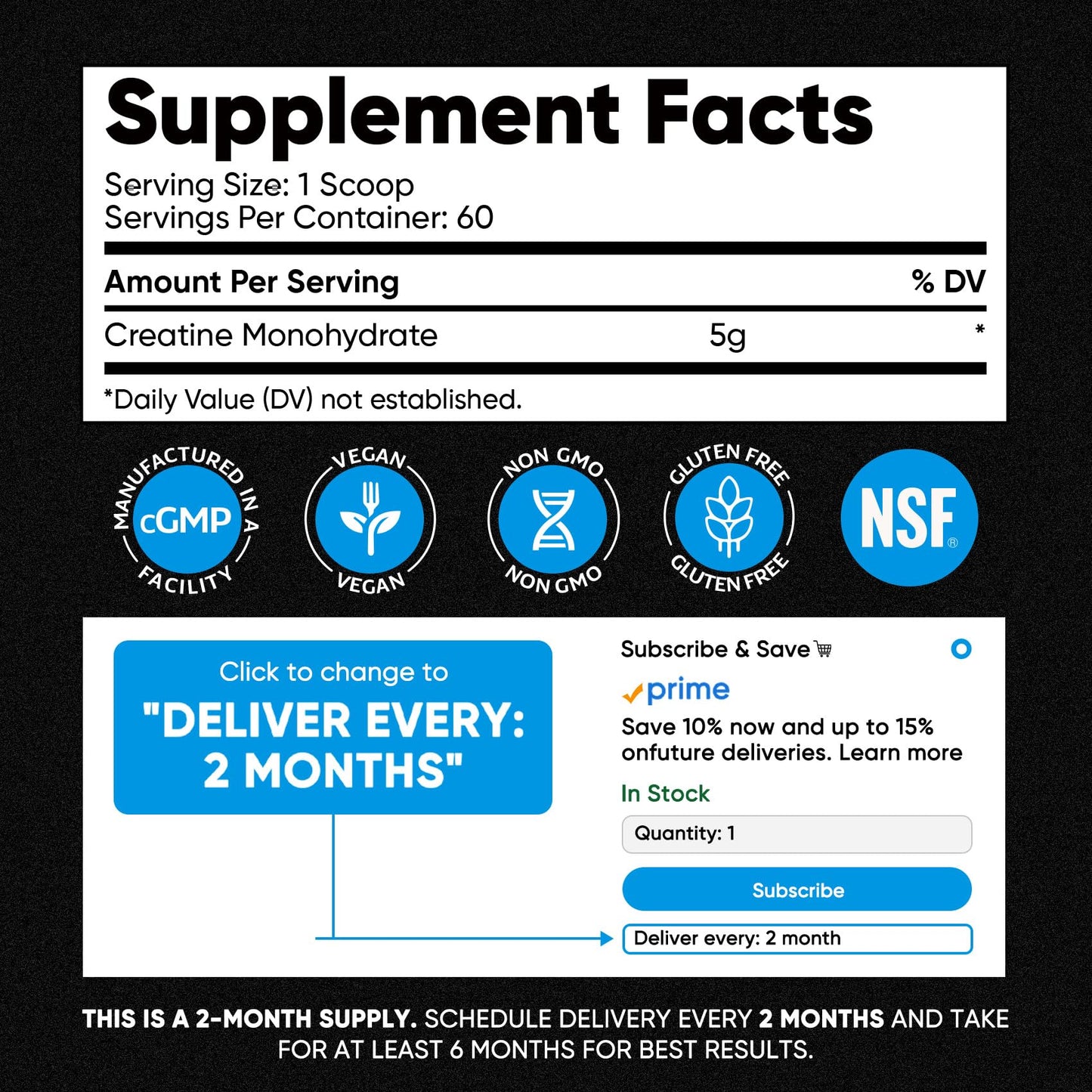 Venture Pal 100% Pure Micronized Creatine Monohydrate Powder, Unflavored Creatine for Women & Men, Vegan, Keto, Gluten Free, 5 g (5000mg) per Serving