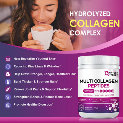 NATURE TARGET Multi Collagen Peptides Powder - Type I, II, III, V, X - Hydrolyzed Collagen Peptides with Vitamin C Hyaluronic Acid, Supports Skin Hair Nail & Joint
