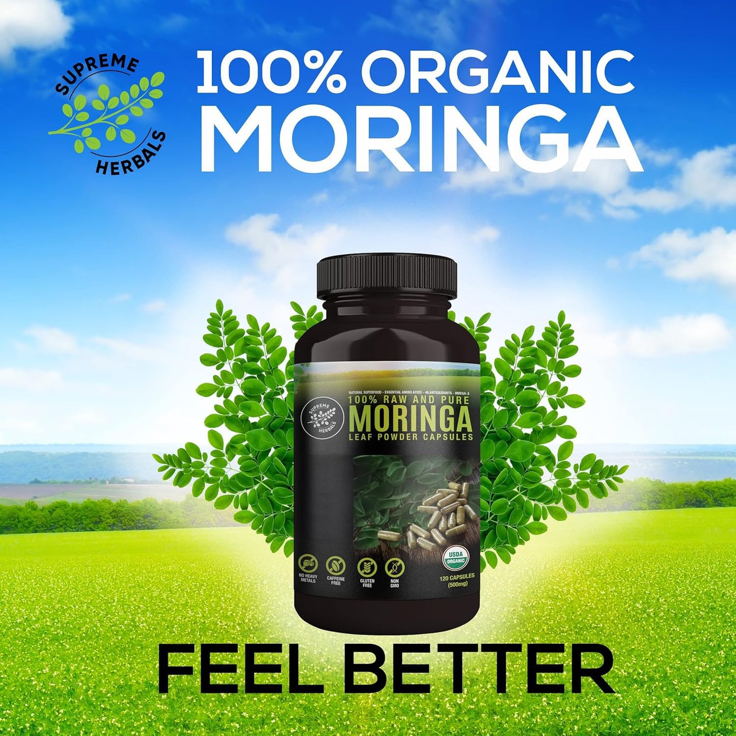 SUPREME HERBALS, 100% Raw and Pure Moringa Leaf Powder Capsules. Organic Certified Moringa Leaf. Natural Superfood with Essential Amino Acids