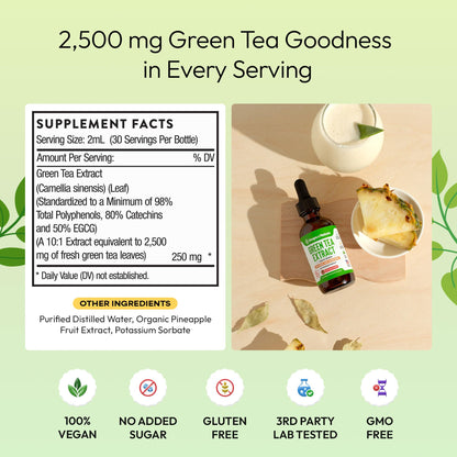 Green Tea 10:1 Extract 50% EGCG - Green Tea Liquid Drops - Vegan, 4X More Powerful Than Pills & Capsules - 2oz Antioxidant & Immune Supplement